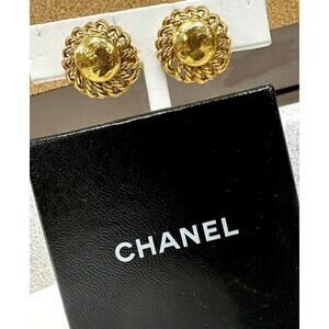 CHANEL Clip-on Earrings Gold Tone CC Authentic Solid Dome Chain Border + Box